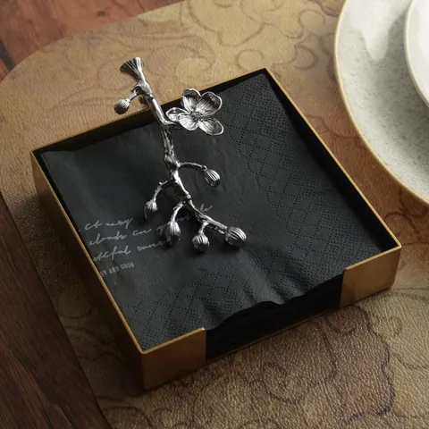 Caja de Almacenamiento de Pañuelos Cuadrada Creativa de Acero Inoxidable Soporte Para Servilletas Con Pesa de Rama de Azahar Plateada Para Restaurante Hotel Decoración Hogar Oro Plata
