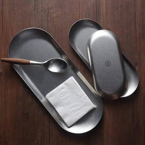 Japanse Retro Roestvrij Stalen Ovaal Dienblad Vintage Metalen Serveerschaal Voor Namiddagthee Dessert Sieraden