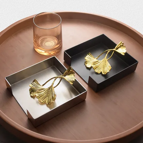 Danish Style Stainless Steel Square Napkin Holder Feather Ginkgo Leaf Weight Table Tissue Organizer For Restaurant Hotel