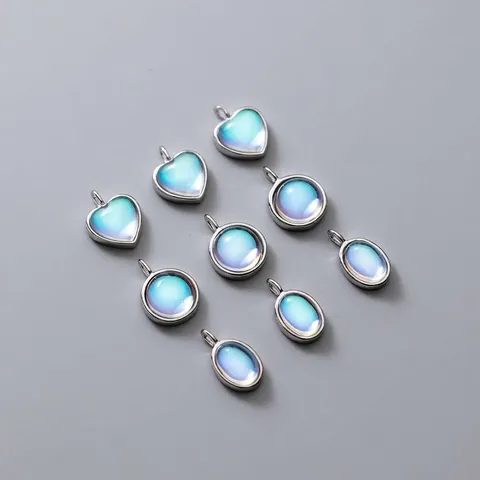925 Sterlingsilber Galvanisiert Eingelegt Blau Mondstein Katzenauge Edelstein Geometrisch Anhänger Charme Für DIY Handgefertigt Armband Kette Schmuckherstellung Basteln Zubehör