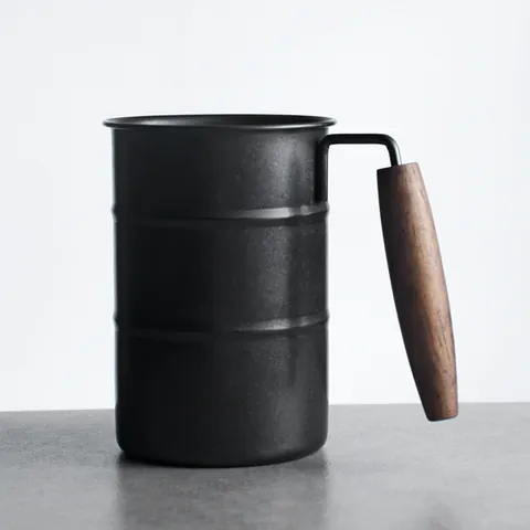 Tasse à Café en Acier Inoxydable 304 Avec Poignée en Bois Rétro Noir Mat Tasse de Camping pour Extérieur Bière Lait