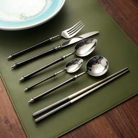 Japanese Vintage Stainless Steel Cutlery Set With Black Bamboo Joint Handle Mirror Polished Steak Knife Fork Spoon Chopsticks