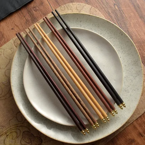 Handcrafted Natural Wood Chopsticks With Gold Metal Ball Head Chinese Reusable Healthy Wooden Dishware Elegant Dinner Tableware Gift