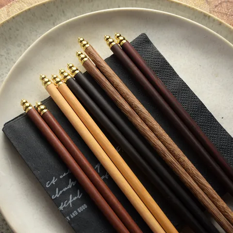 Handcrafted Natural Wood Chopsticks With Gold Metal Ball Head Chinese Reusable Healthy Wooden Dishware Elegant Dinner Tableware Gift