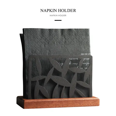 Nordic Creative Stainless Steel Wood Base Napkin Holder Black Leaf Hollow Metal Paper Organizer For Restaurant Hotel Home Kitchen Table