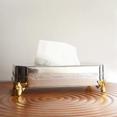 Luxury Stainless Steel Embossed Tissue Box Holder With Gold Animal Feet Mirror Polished Rectangular Napkin Case For Home Hotel Restaurant