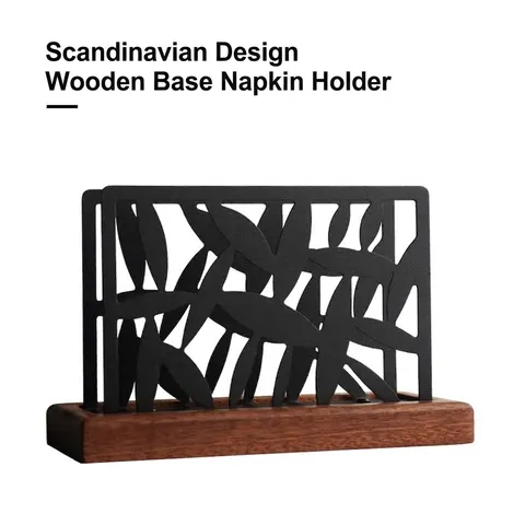 Nordic Creative Stainless Steel Wood Base Napkin Holder Black Leaf Hollow Metal Paper Organizer For Restaurant Hotel Home Kitchen Table