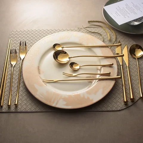 Luxury Gold 304 Stainless Steel Flatware Set Mirror Polished Dinnerware Slender Handle Steak Knife Fork Spoon Cutlery