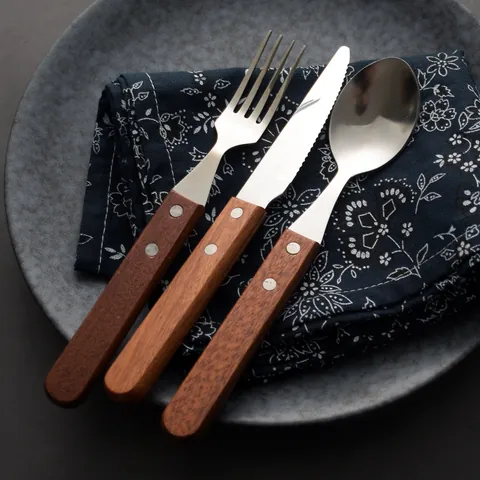Collezione di Coltello Forchetta Cucchiaio da Bistecca in Acciaio Inossidabile Retrò Manico in Legno Lucidato a Specchio Posate Occidentali Casa Cucina Ristorante Pranzo