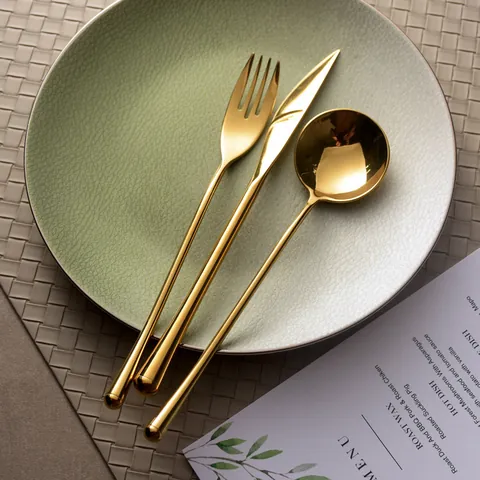 Luxury Gold 304 Stainless Steel Flatware Set Mirror Polished Dinnerware Slender Handle Steak Knife Fork Spoon Cutlery