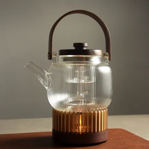 Heat Resistant Ribbed Glass Teapot With Wooden Handle Light Luxury Tea Warmer Base Candle Heater For Flower Scented Tea Home Kitchen Decor