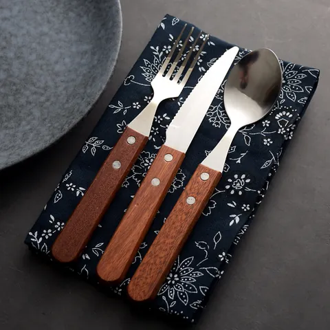 Collezione di Coltello Forchetta Cucchiaio da Bistecca in Acciaio Inossidabile Retrò Manico in Legno Lucidato a Specchio Posate Occidentali Casa Cucina Ristorante Pranzo