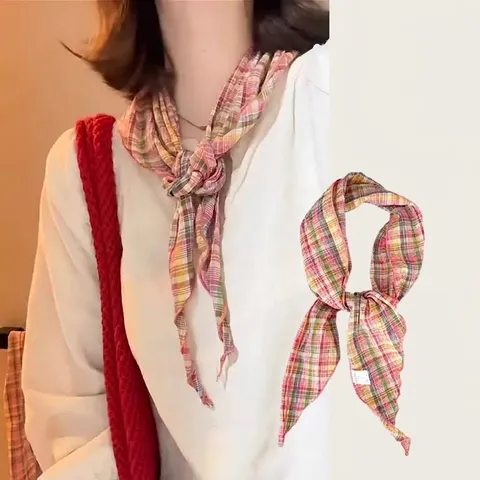 Foulard Triangolare da Donna Vintage Francese con Quadretti Rossi per Spiaggia Estiva Stile Pastorale Bandana Stampata Accessori per Capelli