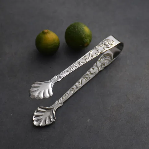 European Vintage 304 Stainless Steel Rose Relief Sugar Tongs Shell Head Ice Tongs Coffee Cube Sugar Clip Elegant Mini Food Server
