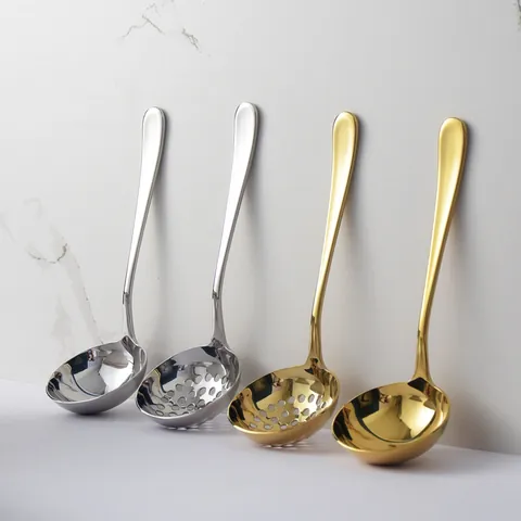 304 Stainless Steel Hot Pot Soup Spoon Large Colander Mirror Polished Long Handle Kitchen Serving Spoon Gold Silver Tableware