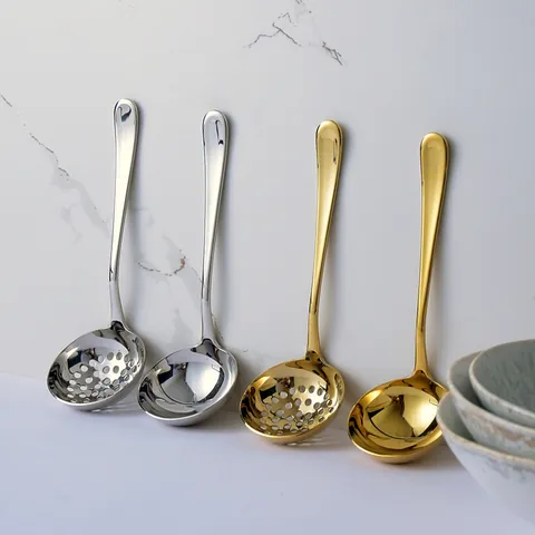 304 Stainless Steel Hot Pot Soup Spoon Large Colander Mirror Polished Long Handle Kitchen Serving Spoon Gold Silver Tableware