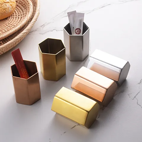 Hexagonal Stainless Steel Toothpick Holder Modern Fruit Fork Storage Tank Mirror Matte Tabletop Organizer Kitchen Dining Decoration