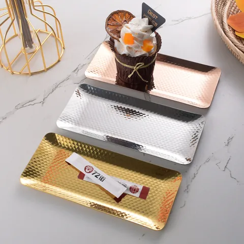 Japanese Hammered 304 Stainless Steel Towel Tray Mirror Matte Finish Gold Silver Rose Gold Rectangular Decorative Storage Plate Serving Dish