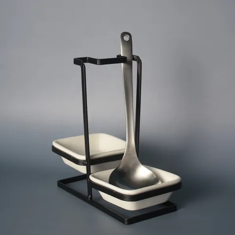 Porte-Louche en Acier Inoxydable Avec Plateau d'Égouttage en Céramique Support de Rangement Vertical pour Comptoir de Cuisine Table à Manger Moderne