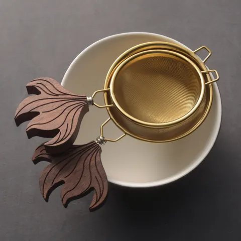 Stainless Steel Gold Tea Strainer With Black Walnut Wood Handle Fine Mesh Infuser For Loose Leaf Tea Ceremony Accessories