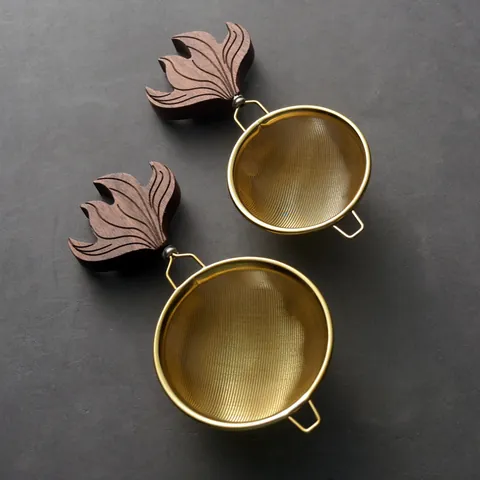 Stainless Steel Gold Tea Strainer With Black Walnut Wood Handle Fine Mesh Infuser For Loose Leaf Tea Ceremony Accessories
