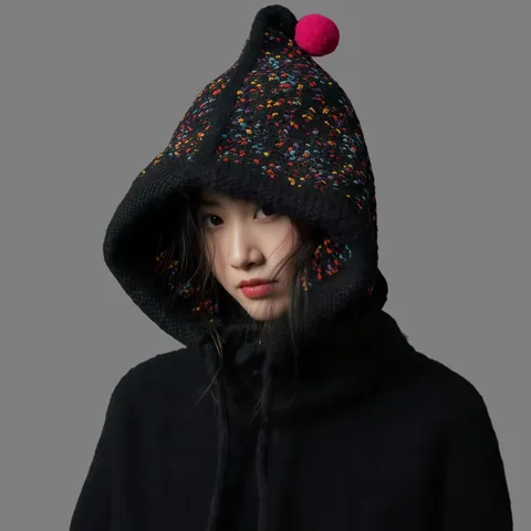 Women Korean Winter Balaclava Knitted Hat With Pom Pom Elf Style Warm Windproof Hooded Neck Warmer Wool Blend Chunky Knit Hat