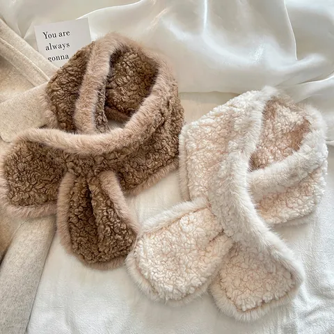 Bufanda de Invierno Elegante Gruesa Cálida de Felpa Sherpa para Mujer Calentador de Cuello de Felpa Cruzado Bufanda Suave de Colores