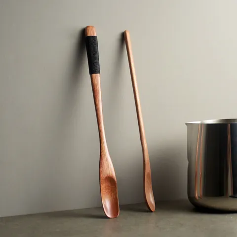 Japanese Style Long Handle Wooden Spoon Natural Nanmu Wood Stirring Spoon For Coffee Honey Tea Vintage Kitchen Tableware