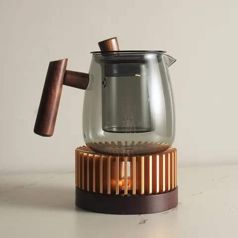 Modern Nordic Heat Resistant Glass Teapot With Wood Handle Candle Heated Tea Warmer Base Minimalist Teaware Collection For Home Hotel