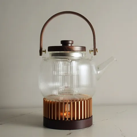 Modern Nordic Heat Resistant Glass Teapot With Wood Handle Candle Heated Tea Warmer Base Minimalist Teaware Collection For Home Hotel