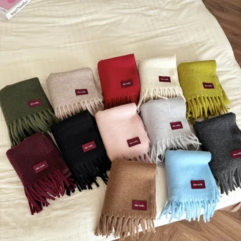 Women Winter Wool Blend Solid Scarf Minimalist Korean Style Thick Warm Shawl Wrap With Tassels And Decorative Fabric Label