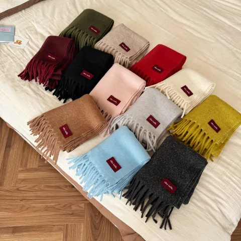 Women Winter Wool Blend Solid Scarf Minimalist Korean Style Thick Warm Shawl Wrap With Tassels And Decorative Fabric Label