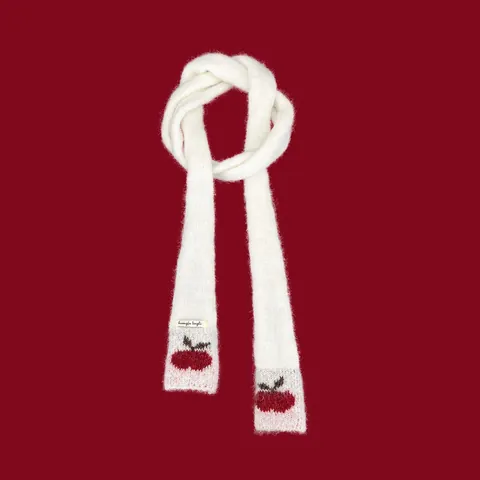 Bufanda Estrecha de Jacquard de Cereza de Diseño Coreano para Mujer Calentador de Cuello de Mezcla de Lana de Punto Largo y Estrecho Accesorios de Invierno