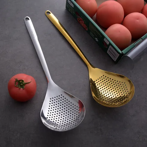 304 Stainless Steel Slotted Spoon Large Slotted Skimmer For Dumplings Noodles Hot Pot Long Handle Filtering Ladle Gold Silver Kitchen Tools