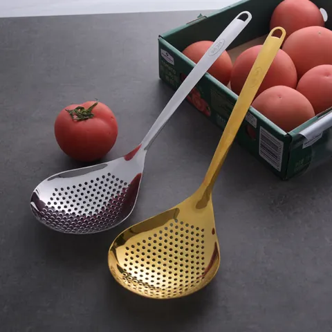 304 Stainless Steel Slotted Spoon Large Slotted Skimmer For Dumplings Noodles Hot Pot Long Handle Filtering Ladle Gold Silver Kitchen Tools
