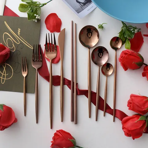 Mirror Rose Gold 304 Stainless Steel Flatware Dinner Knife Fork Spoon Chopsticks Nordic Style Tableware for Home Wedding