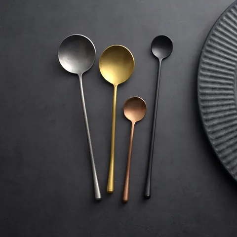 Japanese 304 Stainless Steel Long Handle Mixing Spoon Vintage Matte Gold Silver Black Rose Gold Soup Dessert Tea Spoon Cutlery