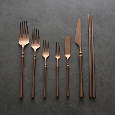 Rose Gold 304 Stainless Steel Flatware Set Vintage Western Cutlery Dinner Knife Fork Spoon Chopsticks Matte Finish Dining Tableware