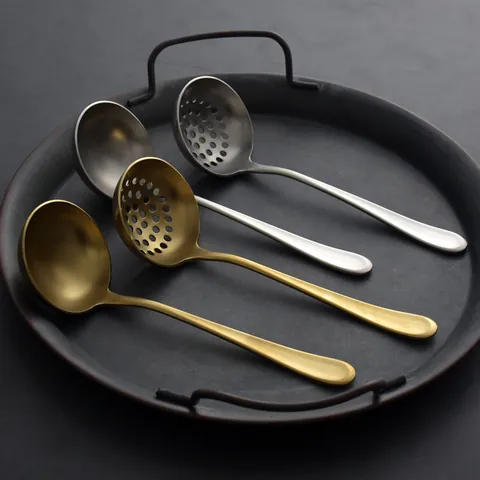 304 Stainless Steel Thickened Soup Spoon Slotted Spoon Long Handle Retro Gold Silver Matte Kitchen Ladle Hot Pot Colander