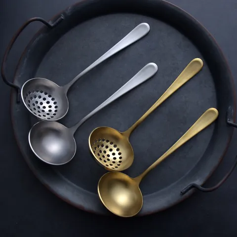 304 Stainless Steel Thickened Soup Spoon Slotted Spoon Long Handle Retro Gold Silver Matte Kitchen Ladle Hot Pot Colander