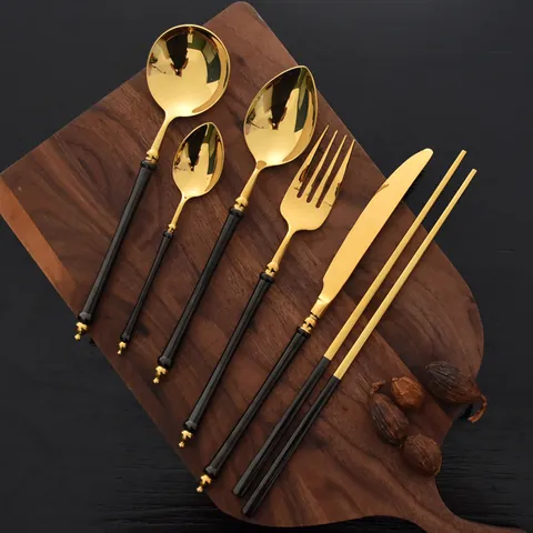 304 Stainless Steel Black Gold Cutlery Bamboo Handle Mirror Polished Steak Knife Fork Spoon Chopsticks Luxury Tableware