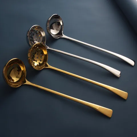 304 Stainless Steel Long Handle Soup Spoon Colander Slotted Spoon Mirror Polished Gold Silver Kitchen Cooking Utensils For Hot Pot Home