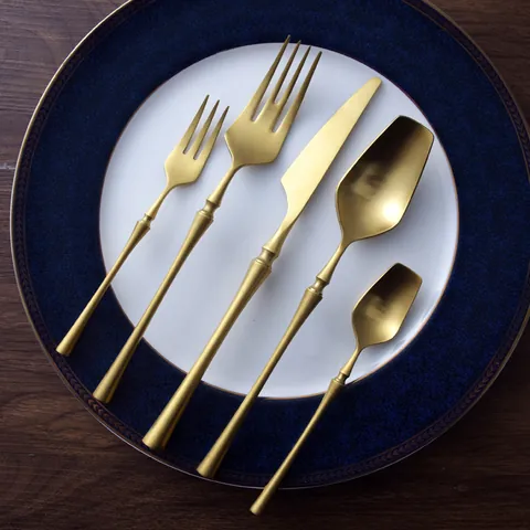 Matte Gold 304 Stainless Steel Flatware Set Slender Handle Steak Knife Dinner Fork Soup Spoon Dessert Tableware Modern Home Kitchen Dining Cutlery