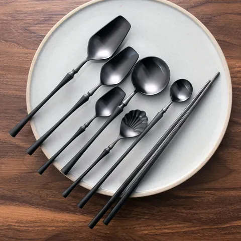 Black Brushed 304 Stainless Steel Cutlery Set Modern Dinner Knife Fork Spoon Dessert Scoop Chopsticks Kitchen Tableware