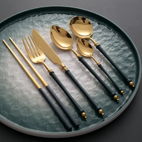 304 Stainless Steel Emerald Gold Cutlery Set Japanese Retro Steak Knife Fork Spoon Dinnerware Home Restaurant Tableware