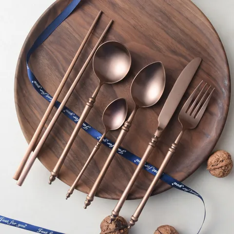 Rose Gold 304 Stainless Steel Cutlery Bamboo Handle Mirror Matte Finish Dinnerware Steak Knife Fork Spoon Chopsticks Tableware