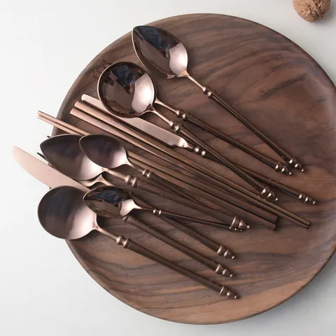 Rose Gold 304 Stainless Steel Cutlery Bamboo Handle Mirror Matte Finish Dinnerware Steak Knife Fork Spoon Chopsticks Tableware