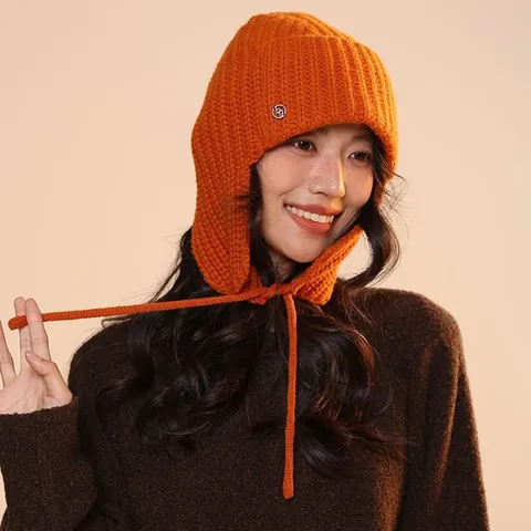 Women 100% Wool Balaclava Hat Winter Warm Knitted Ear Protection Earflap Hat With Ties Vintage Pilot Flying Cap Solid Color Outdoor