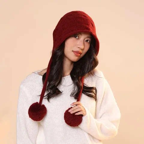 Pure Wool Elf Pumpkin Beanie Hat Women Autumn Winter Warm Knitted Ear Protection Cap With Pom Poms Cable Knit Woolen Hat