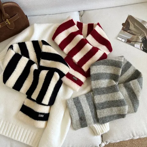 Women Korean Style Knitted Wool Blend Striped Cross Scarf Winter Warm Neck Warmer Soft Knitted Small Scarf For Ladies